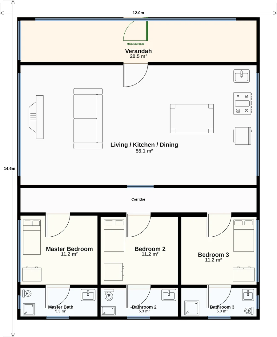 Floor plan of a 3-bedroom house: a verandah, an open-plan living, kitchen and dining area, a corridor, and three bedrooms each with its own bathroom